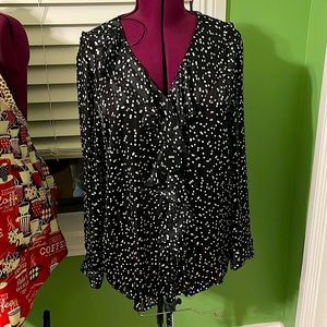 WOMENS BLOUSE, long sleeve, white and black polka-dot.   Size LG. SEMI SHEER.